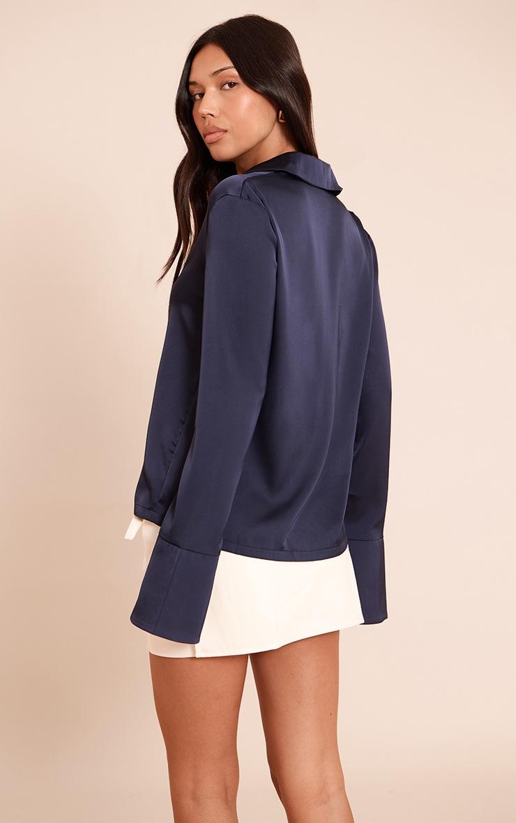 Pretty Little Thing Navy Satin Hook And Eye Detail Oversized Shirt
