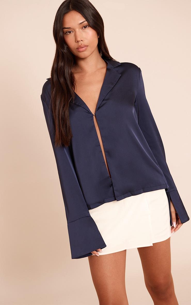 Pretty Little Thing Navy Satin Hook And Eye Detail Oversized Shirt