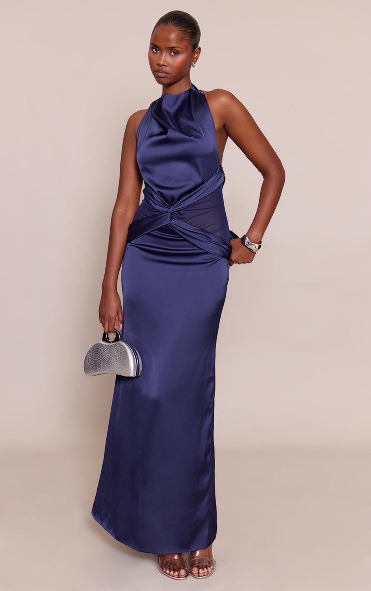 Pretty Little Thing Navy Satin Mesh Detail Maxi Dress