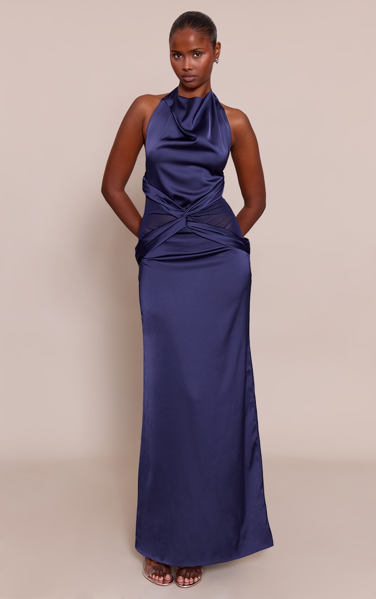 Pretty Little Thing Navy Satin Mesh Detail Maxi Dress