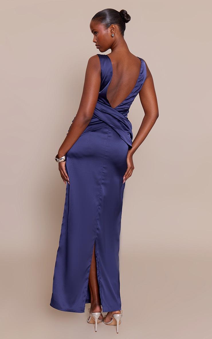 Pretty Little Thing Navy Satin Plunge Drape Maxi Dress
