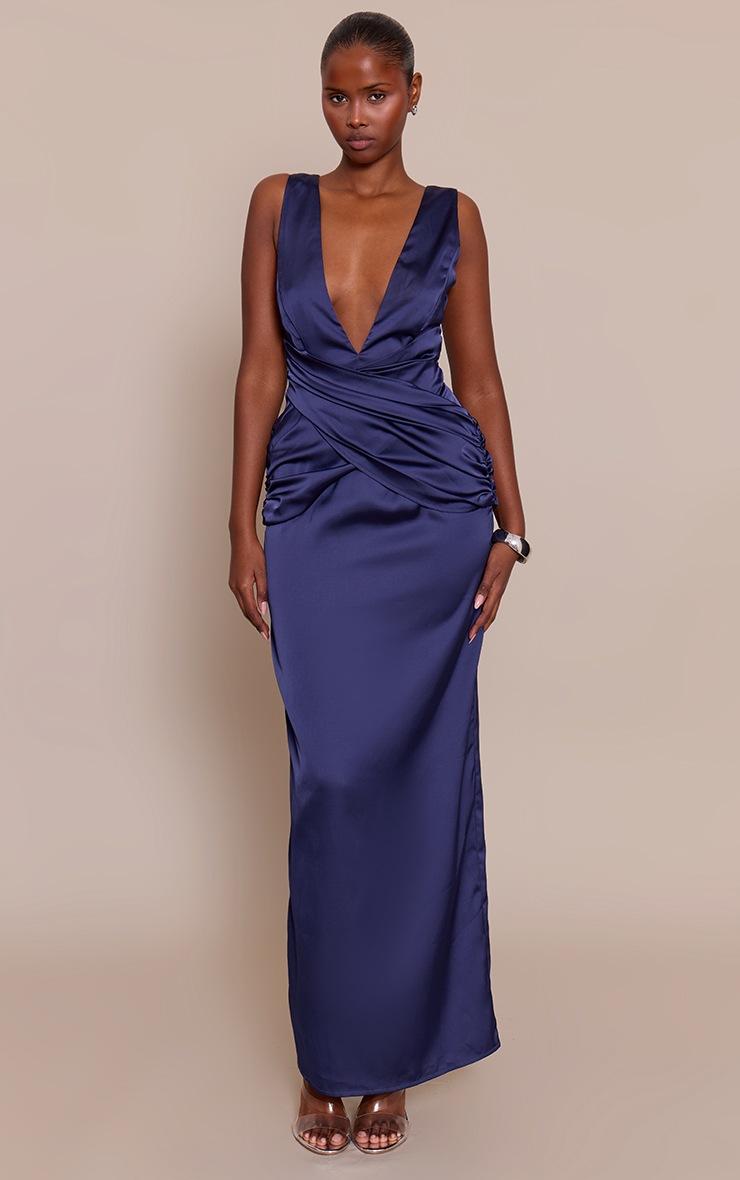 Pretty Little Thing Navy Satin Plunge Drape Maxi Dress
