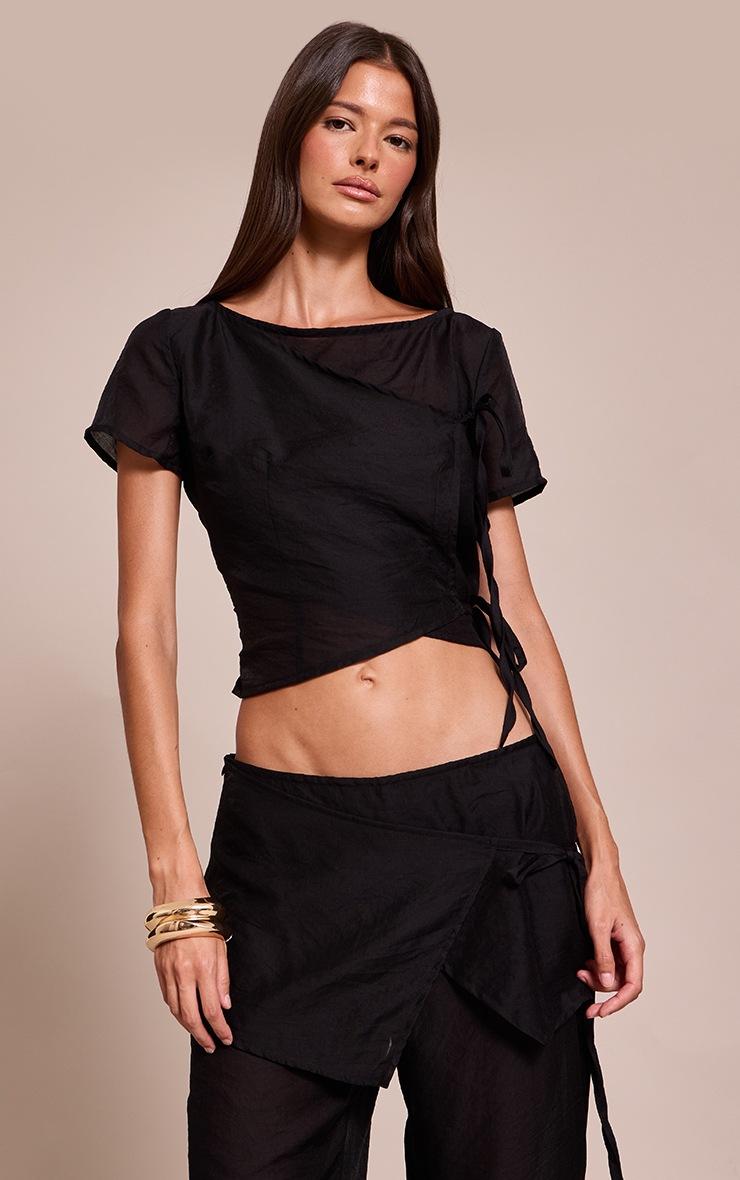 Pretty Little Thing Navy Sheer Organza Tie Detail Short Sleeve Top