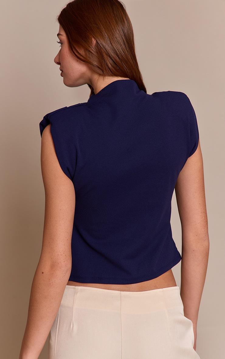 Pretty Little Thing Navy Shoulder Pad Pleated Boat Neck Top