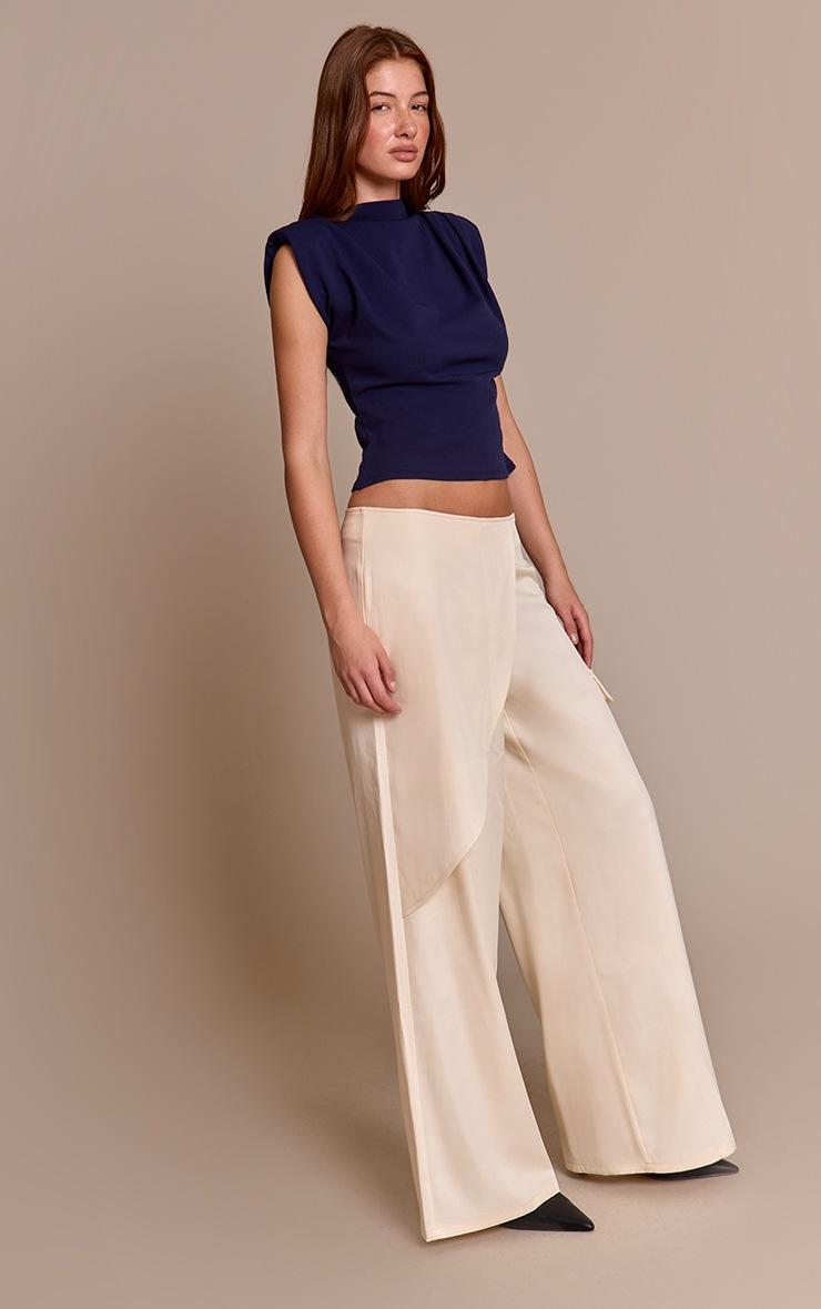 Pretty Little Thing Navy Shoulder Pad Pleated Boat Neck Top