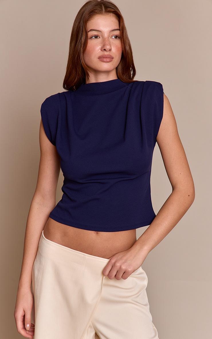 Pretty Little Thing Navy Shoulder Pad Pleated Boat Neck Top