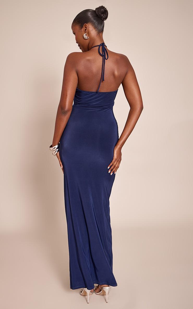Pretty Little Thing Navy Slinky Halterneck Draped Detail Maxi Dress