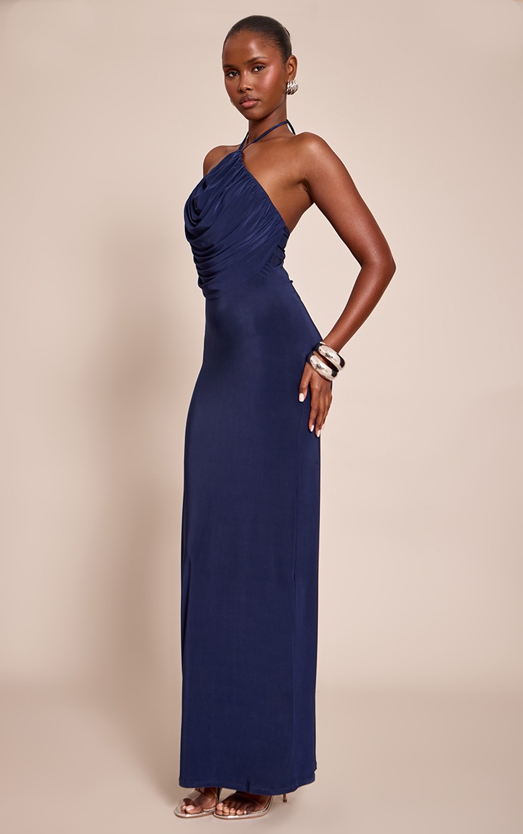 Pretty Little Thing Navy Slinky Halterneck Draped Detail Maxi Dress