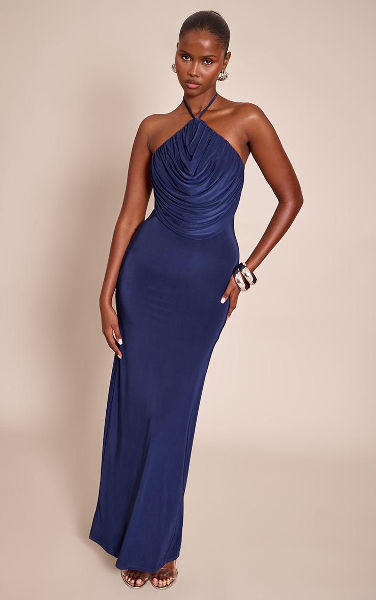 Pretty Little Thing Navy Slinky Halterneck Draped Detail Maxi Dress