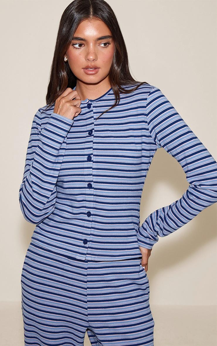 Pretty Little Thing Navy Soft Fleece Pinstripe Button Up Top