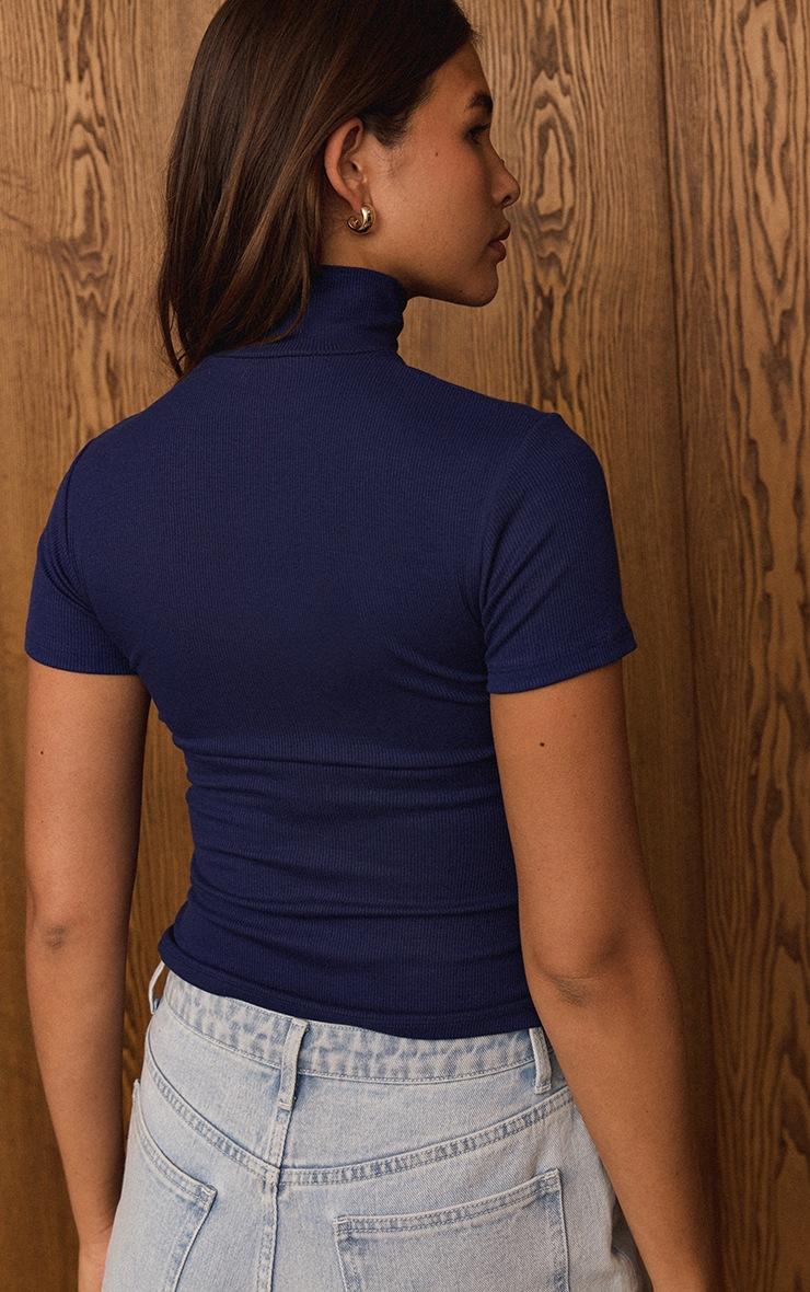 Pretty Little Thing Navy Soft Rib High Neck Fitted Longline T-Shirt