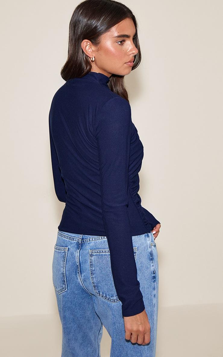 Pretty Little Thing Navy Soft Touch High Neck Ruched Detail Long Sleeve Top