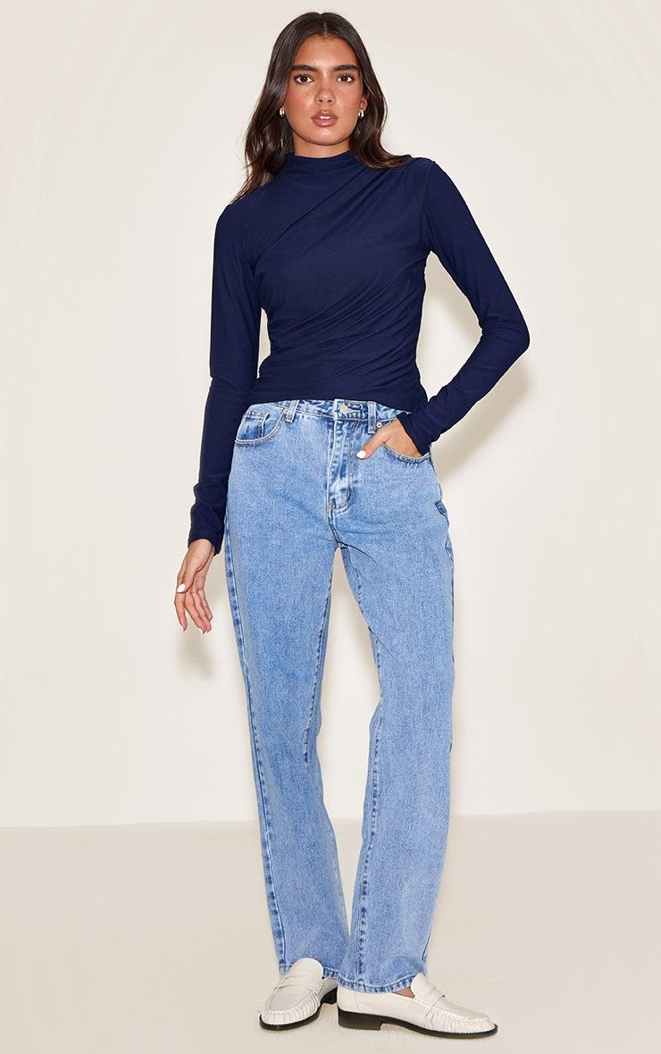 Pretty Little Thing Navy Soft Touch High Neck Ruched Detail Long Sleeve Top