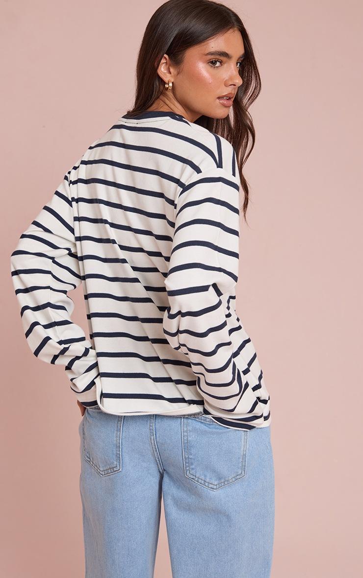 Pretty Little Thing Navy Stripe Cotton Long Sleeve Boxy T Shirt