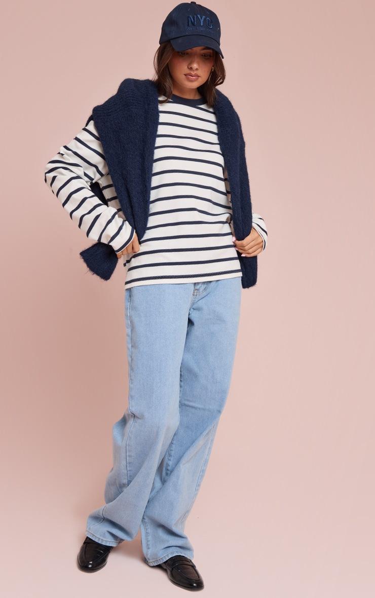 Pretty Little Thing Navy Stripe Cotton Long Sleeve Boxy T Shirt