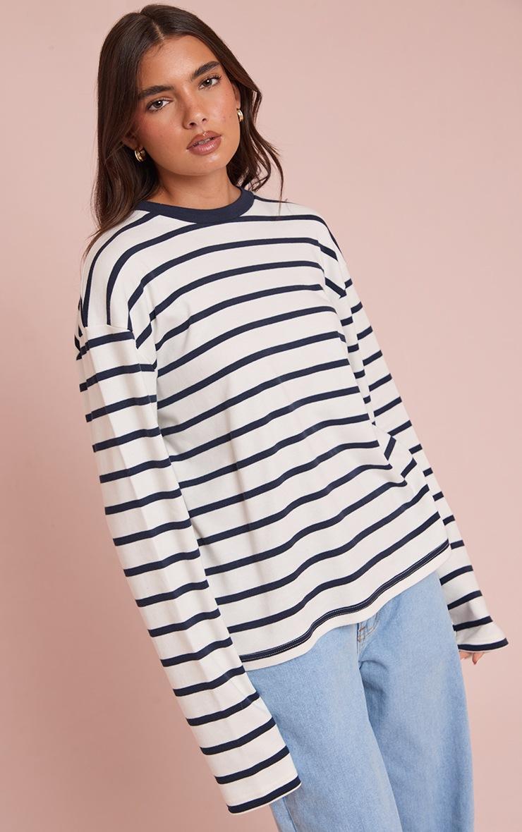 Pretty Little Thing Navy Stripe Cotton Long Sleeve Boxy T Shirt