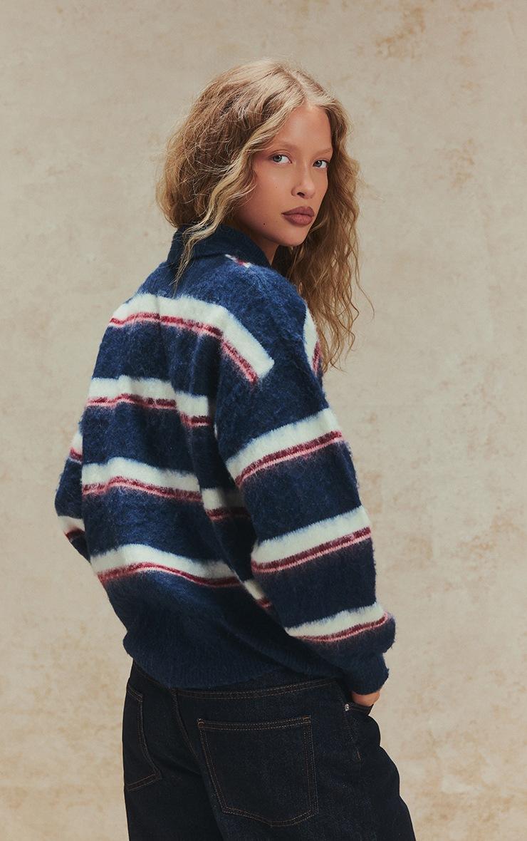 Pretty Little Thing Navy Striped Brushed Knit Oversized Rugby Style Sweater