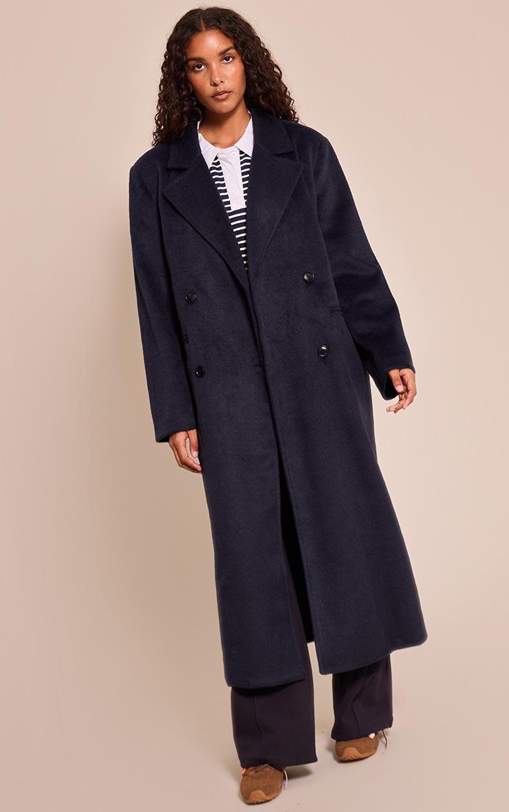 Pretty Little Thing Navy Structured Double Breasted Wool Look Maxi Coat