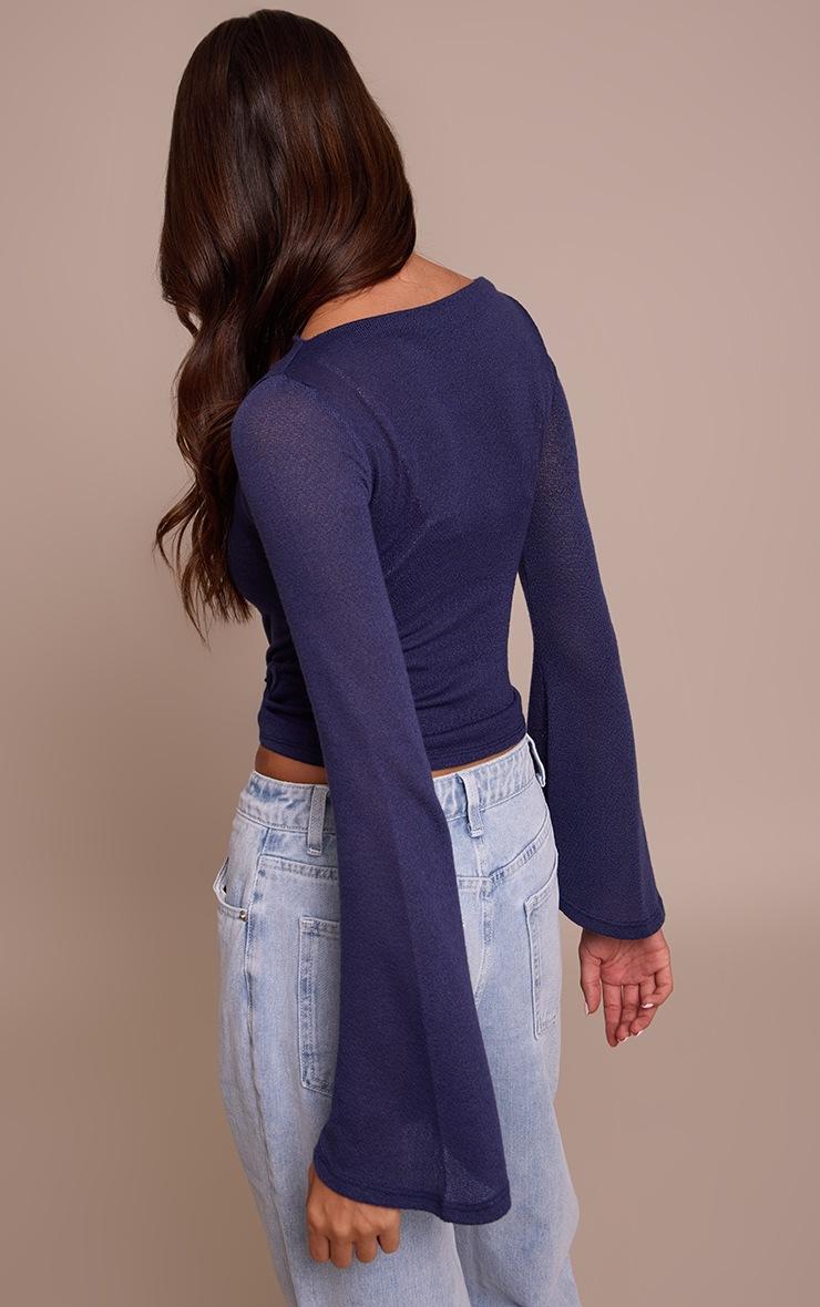 Pretty Little Thing Navy Textured Extreme Flute Sleeve Long Top