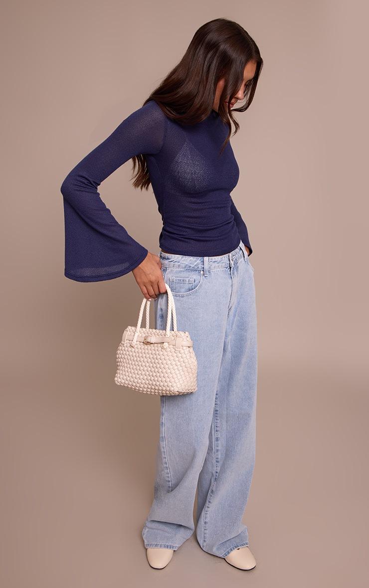 Pretty Little Thing Navy Textured Extreme Flute Sleeve Long Top