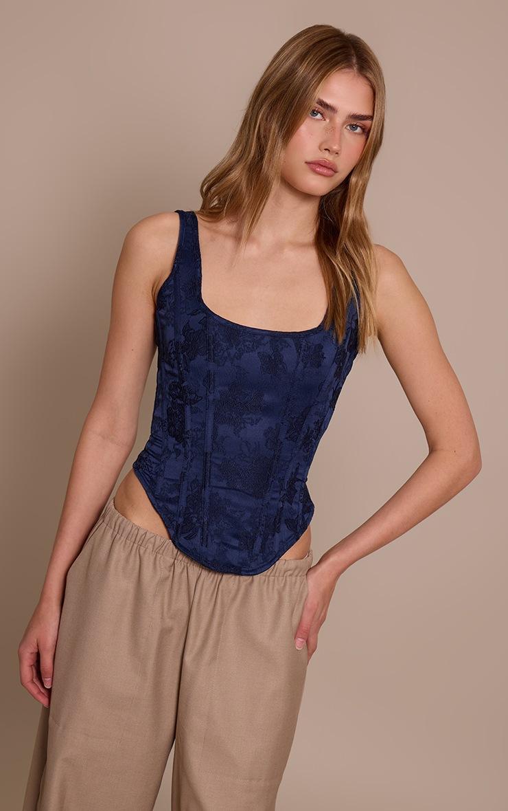 Pretty Little Thing Navy Textured Satin Boned Dip Hem Longline Corset