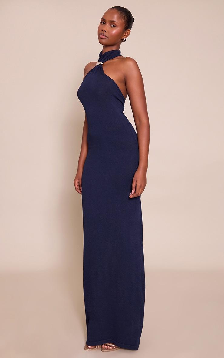 Pretty Little Thing Navy Trim Halter Neck Knitted Maxi Dress