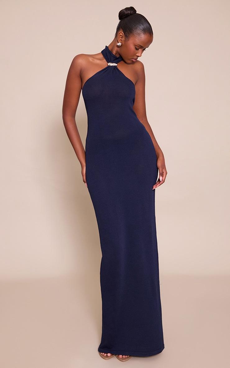 Pretty Little Thing Navy Trim Halter Neck Knitted Maxi Dress