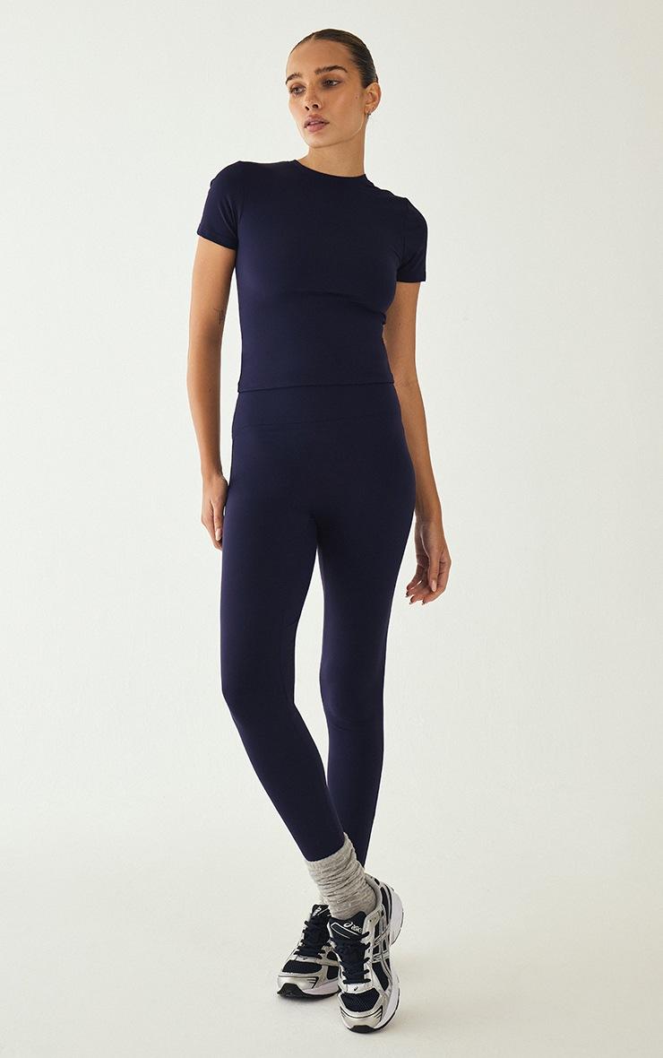 Pretty Little Thing Navy Ultimate Sculpt Longline Short Sleeve Gym Top