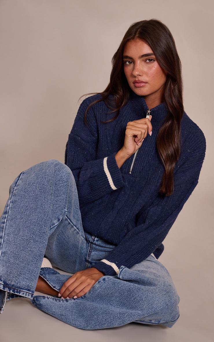 Pretty Little Thing Navy Zip Detail Cable Knit Oversized Sweater
