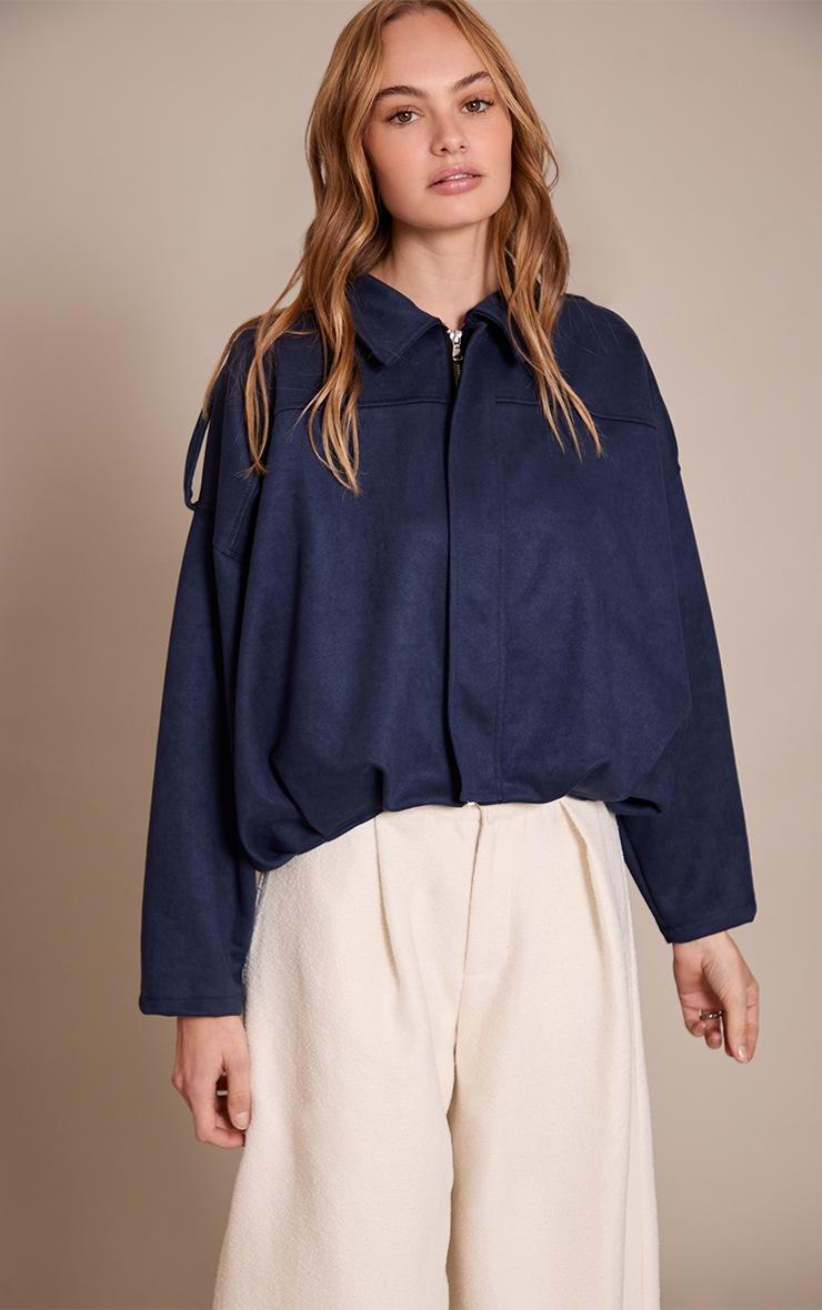 Pretty Little Thing Navy Zip Through Faux Suede Bomber Jacket