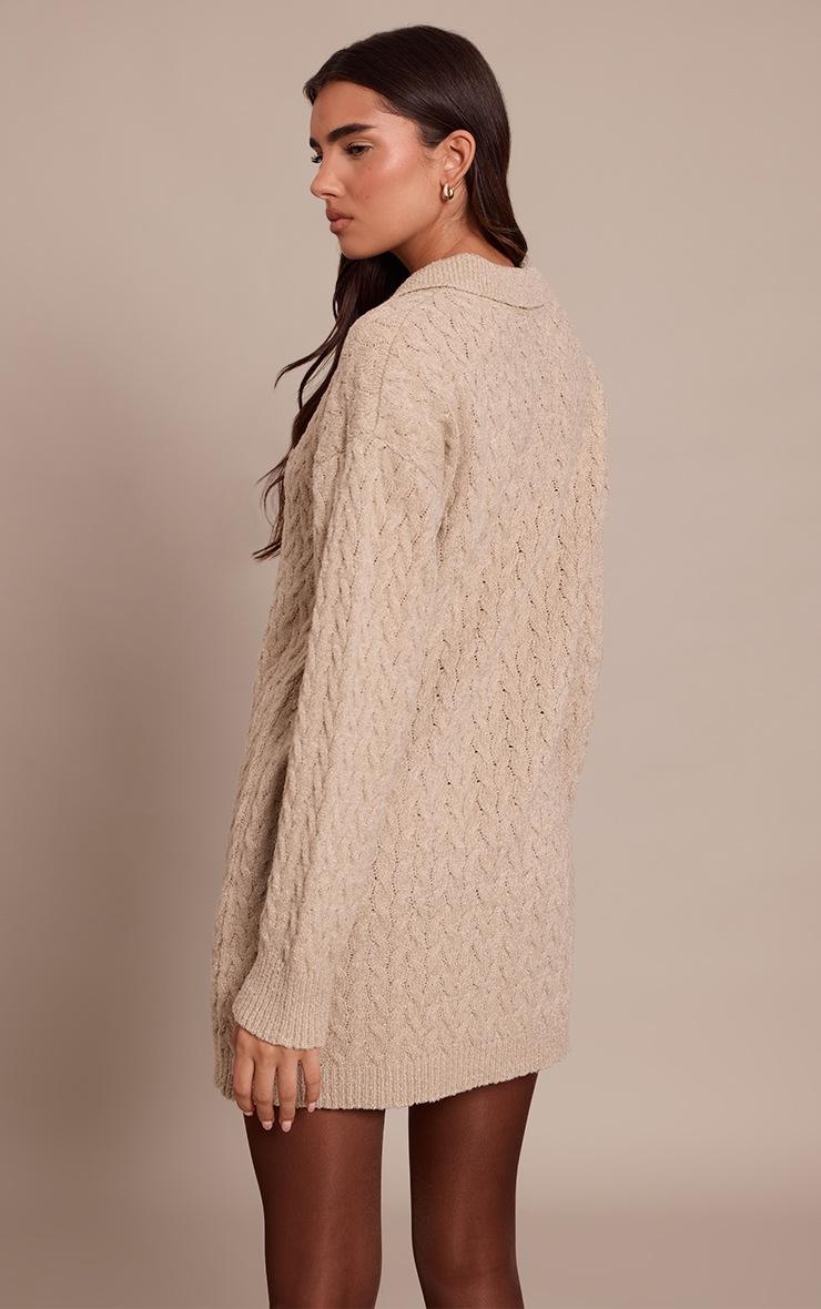 Pretty Little Thing Oat Boucle Cable Knit Mini Shirt Dress