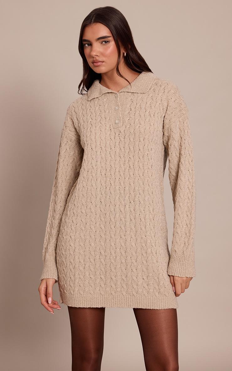 Pretty Little Thing Oat Boucle Cable Knit Mini Shirt Dress
