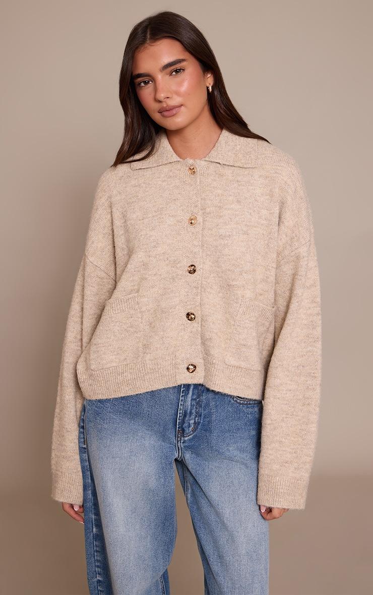 Pretty Little Thing Oatmeal Brushed Knit Collar Cardigan
