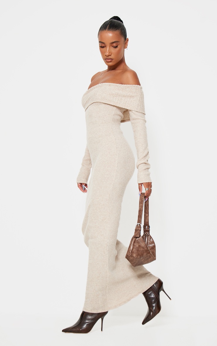 Pretty Little Thing Oatmeal Brushed Rib Bardot Maxi Dress