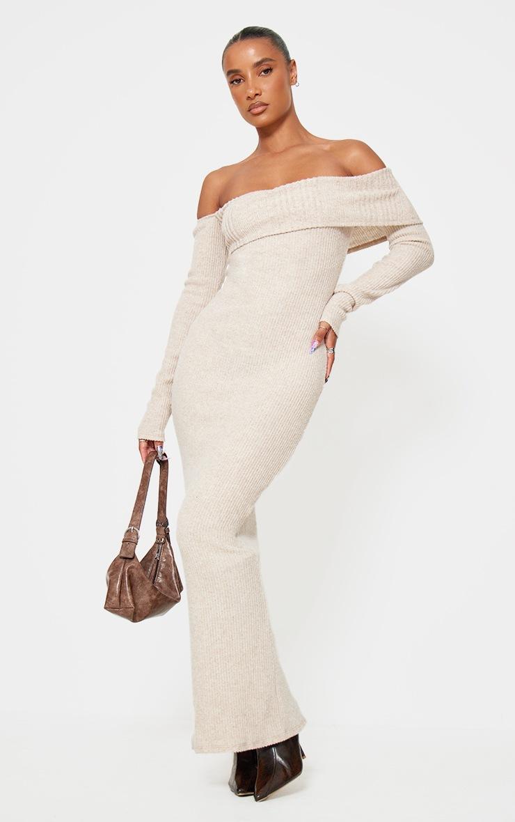 Pretty Little Thing Oatmeal Brushed Rib Bardot Maxi Dress