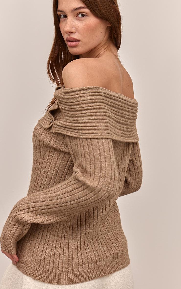Pretty Little Thing Oatmeal Button Detail Ribbed Knit Bardot Sweater