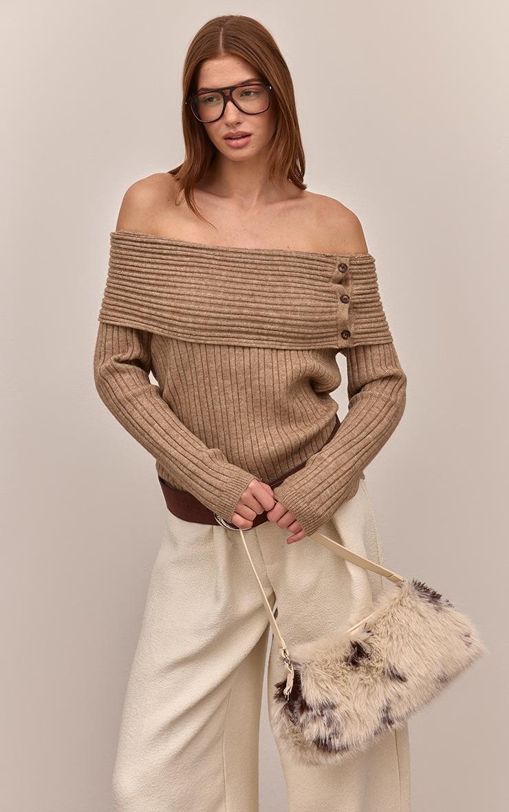 Pretty Little Thing Oatmeal Button Detail Ribbed Knit Bardot Sweater