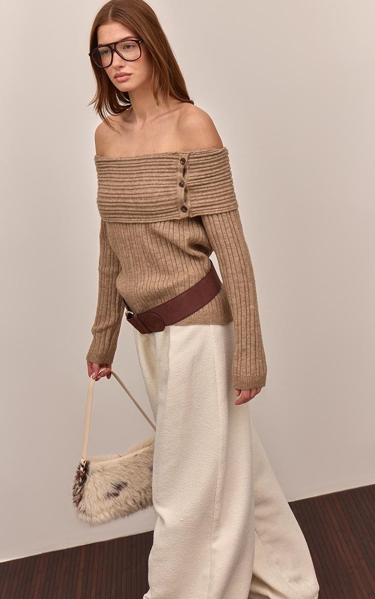 Pretty Little Thing Oatmeal Button Detail Ribbed Knit Bardot Sweater