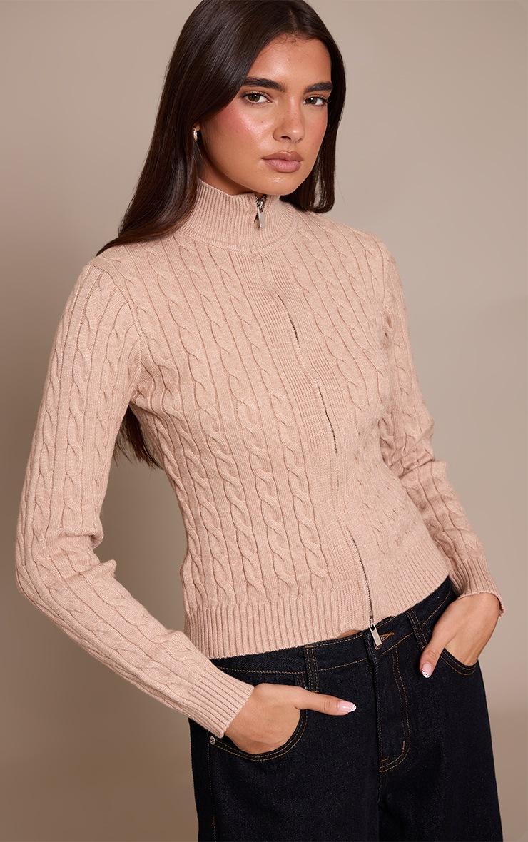 Pretty Little Thing Oatmeal Cable Knit Long Sleeve Zip Up Sweater
