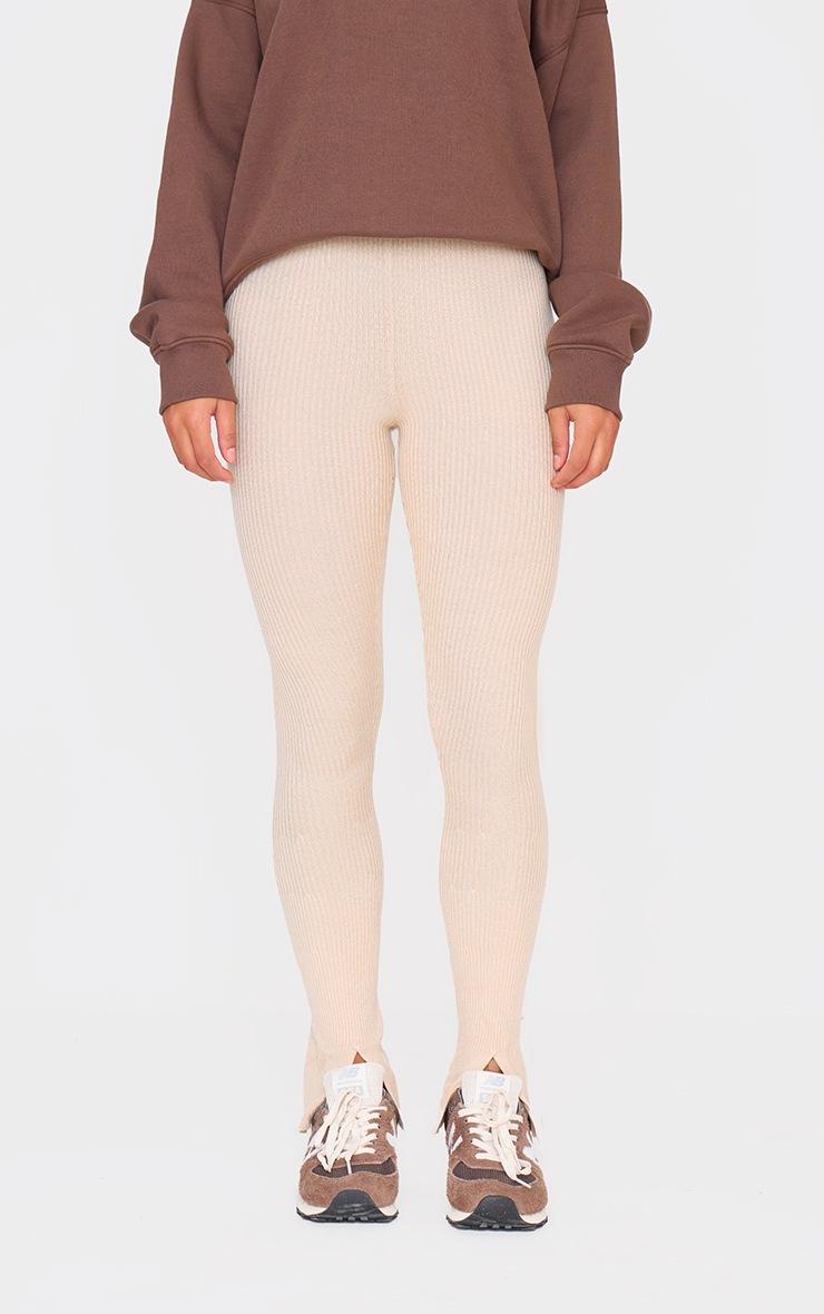 Pretty Little Thing Oatmeal Knitted Split Hem Flare Pants