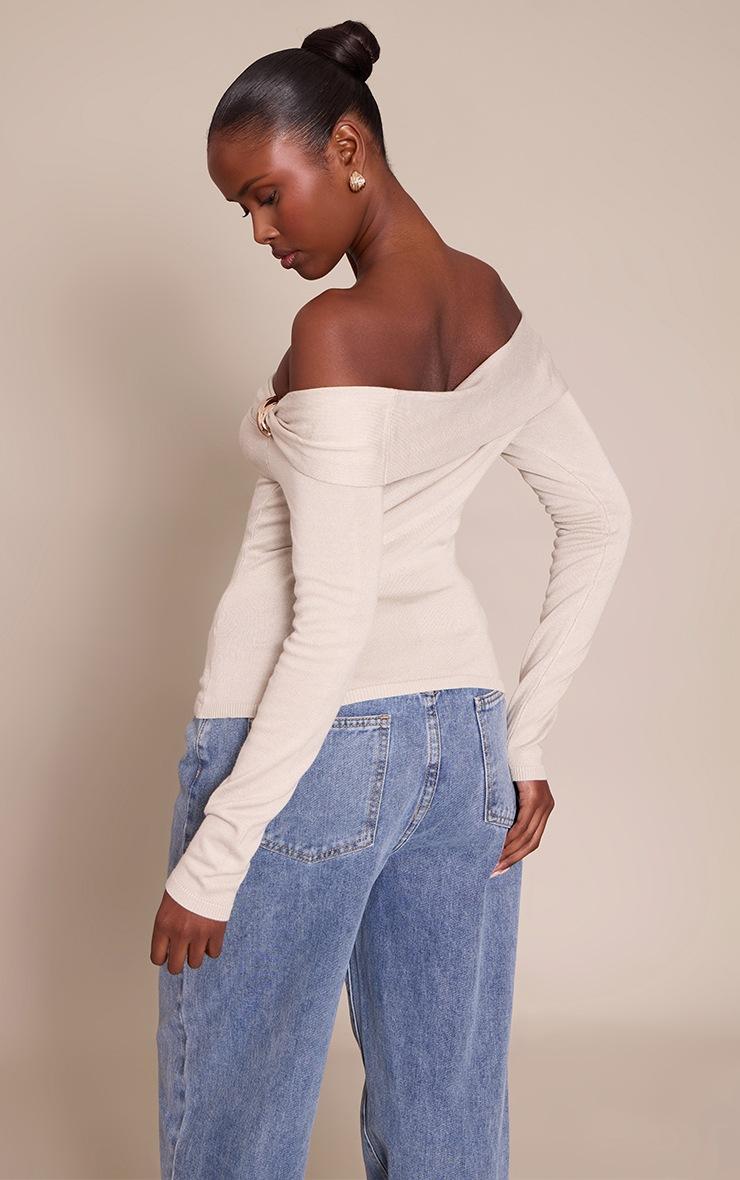 Pretty Little Thing Oatmeal Long Sleeve Twist Shoulder Detail Knitted Top