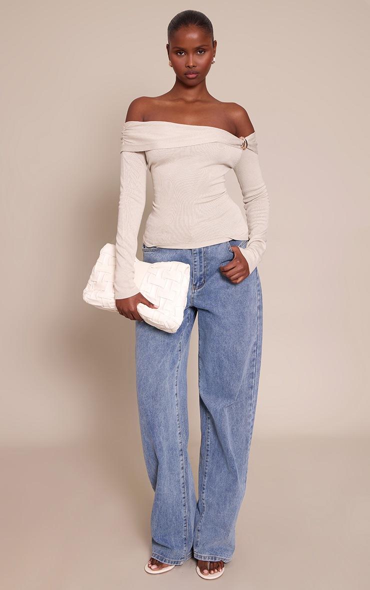 Pretty Little Thing Oatmeal Long Sleeve Twist Shoulder Detail Knitted Top