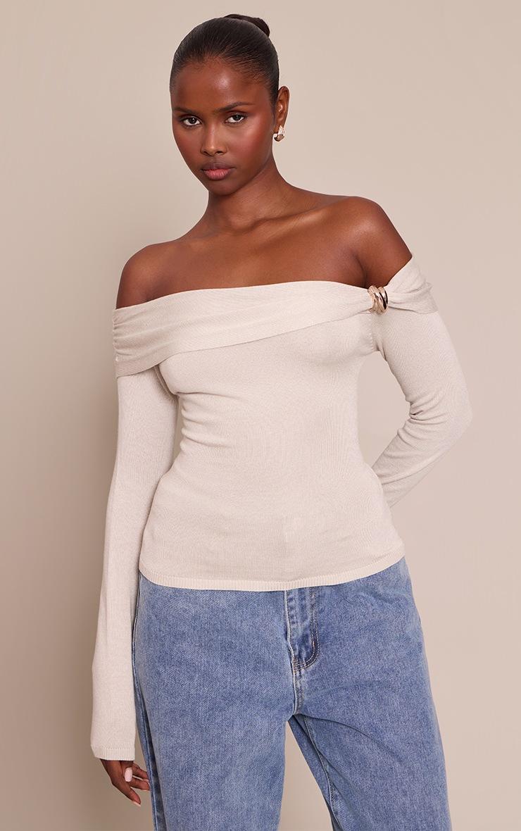 Pretty Little Thing Oatmeal Long Sleeve Twist Shoulder Detail Knitted Top