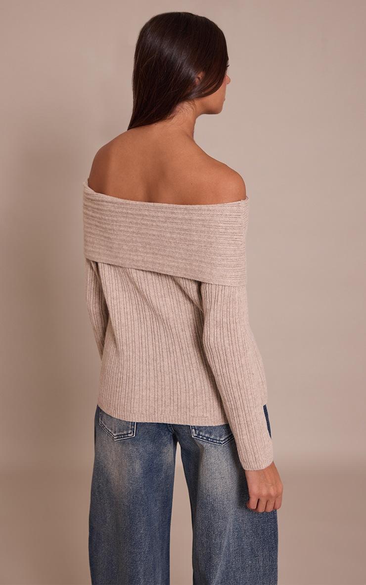 Pretty Little Thing Oatmeal Off The Shoulder Knit Long Sleeve Top