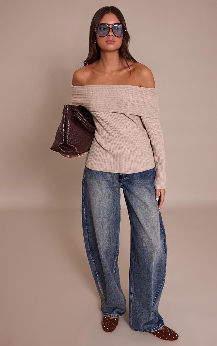 Pretty Little Thing Oatmeal Off The Shoulder Knit Long Sleeve Top