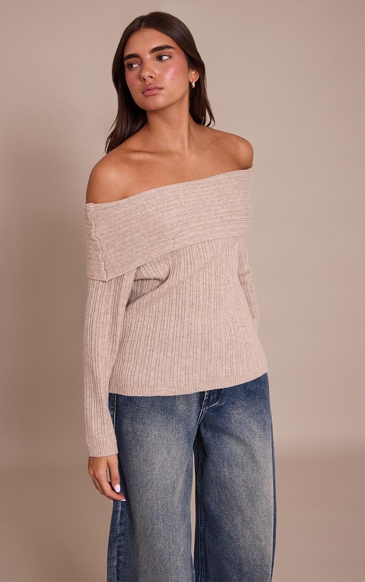 Pretty Little Thing Oatmeal Off The Shoulder Knit Long Sleeve Top