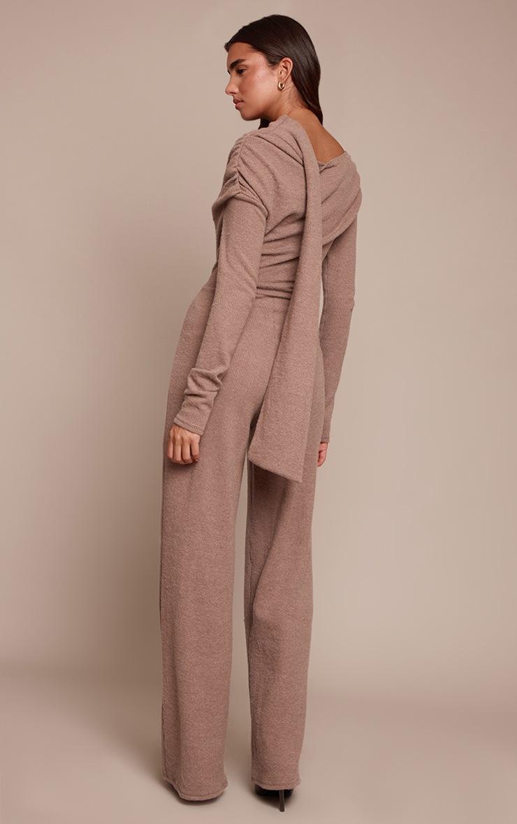 Pretty Little Thing Oatmeal Ribbed Asymmetric Neck Wide Leg Jumpsuit