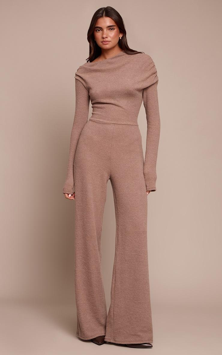 Pretty Little Thing Oatmeal Ribbed Asymmetric Neck Wide Leg Jumpsuit