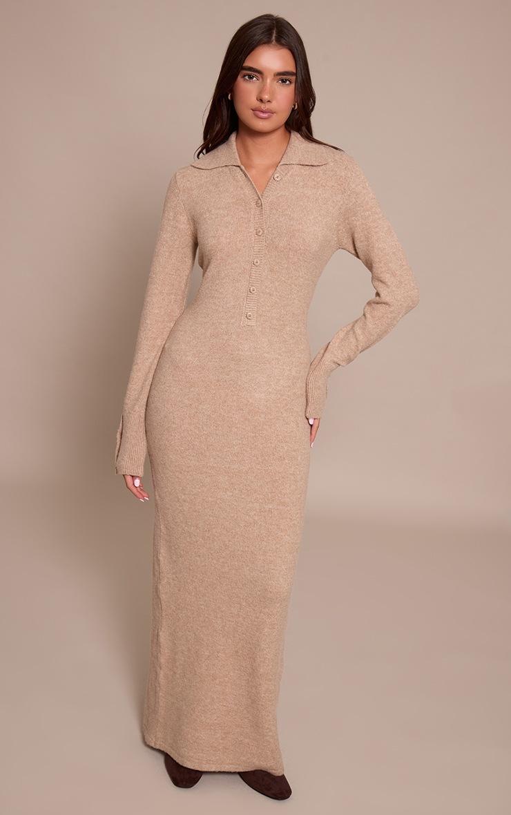 Pretty Little Thing Oatmeal Soft Bobble Knit Button Up Collar Detail Maxi Dress