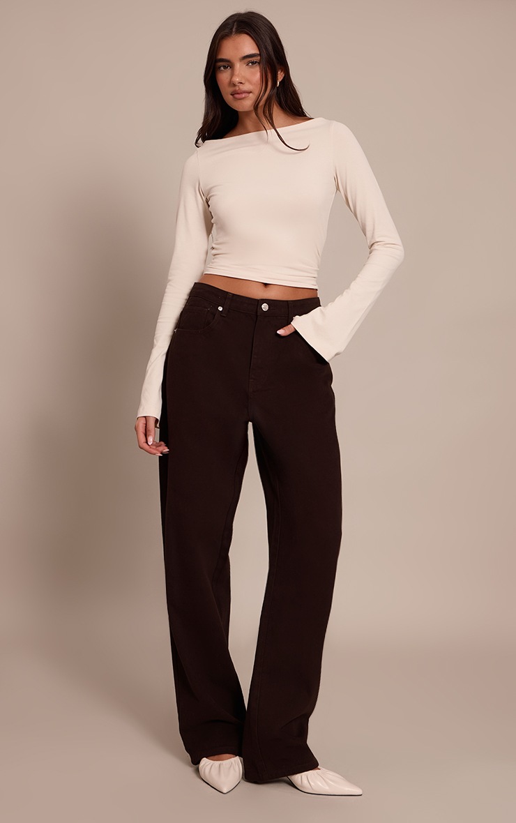 Pretty Little Thing Oatmeal Soft Cotton Boat Neck Flared Long Sleeve Top